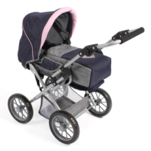 Carrozzina Passeggino Bambole Leni Grigio e Blu con Cuore Rosa